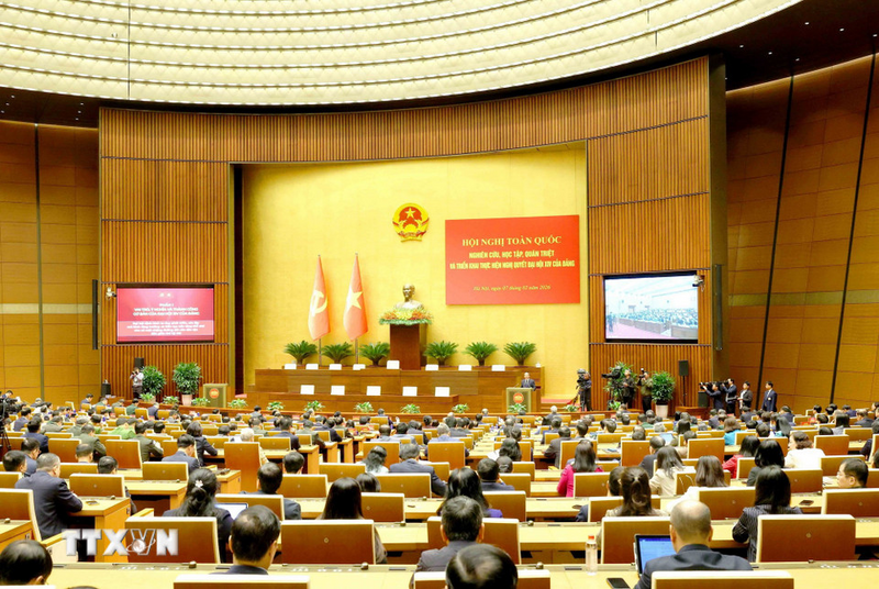 Bộ Chính trị, Ban Bí thư Trung ương Đảng tổ chức Hội nghị toàn quốc nghiên cứu, học tập, quán triệt và triển khai thực hiện Nghị quyết Đại hội XIV của Đảng. Ảnh: Thống Nhất/TTXVN