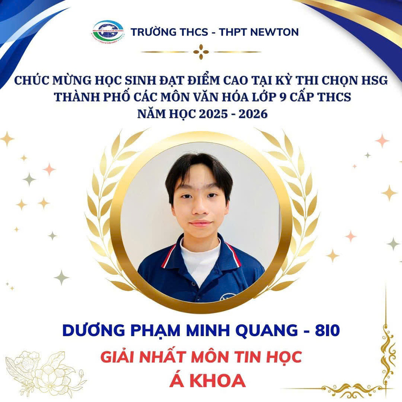 Em Dương Phạm Minh Quang lớp 8I0, thi vượt cấp đạt Á khoa với 19,9 điểm.