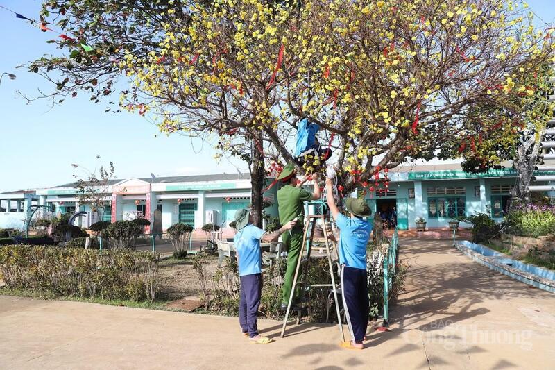 Các học viên Trung tâm cai nghiện ma túy tỉnh Lâm Đồng cùng tham gia trang trí Tết.