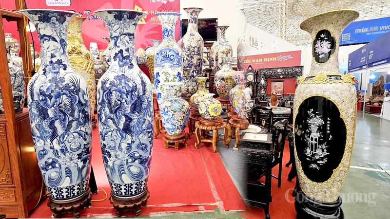 Bình hút lộc thủ công mỹ nghệ chạm gỗ, khảm ốc và mạ vàng (bên phải) thuộc gian hàng các địa phương có giá tới hơn 100 triệu đồng.