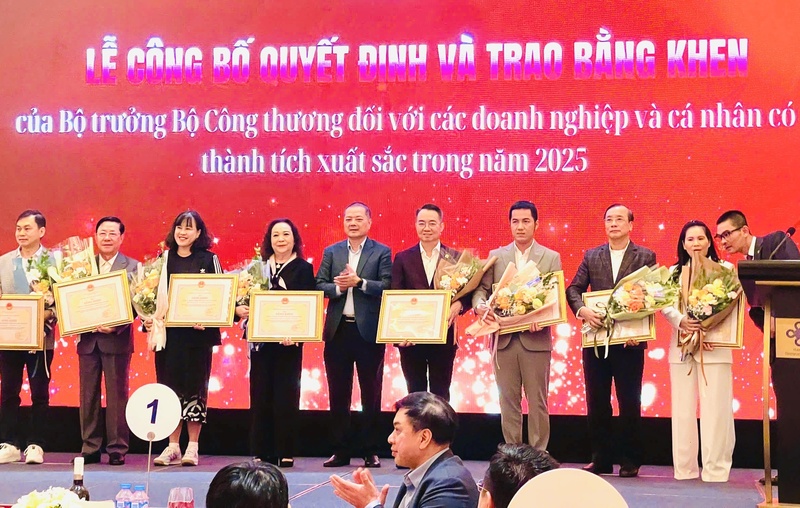 Ông Nguyễn Trọng Phi (đứng vị trí thứ 6 từ trái sang phải) nhận bằng khen tại Lễ công bố quyết định và trao Bằng khen của Bộ trưởng Bộ Công Thương