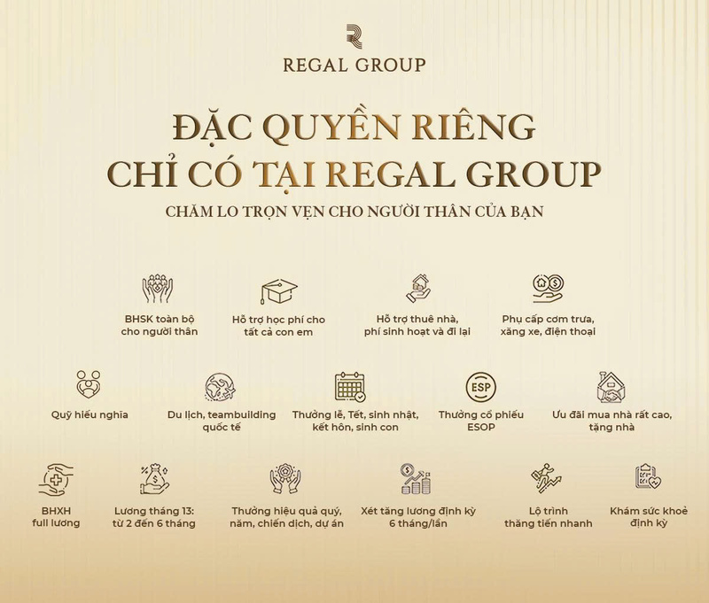 Tại Regal Group, môi trường làm việc được xây dựng từ sự thấu hiểu, sẻ chia. Ở đó, hạnh phúc, giá trị của mỗi cá nhân và mục tiêu tổ chức luôn song hành.