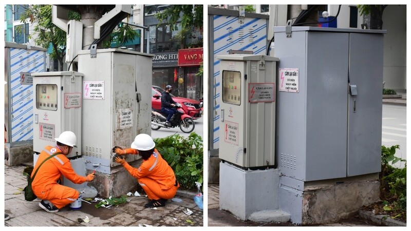 Vệ sinh bóc gỡ quảng cáo trên trạm biến áp tại phường Thanh Xuân