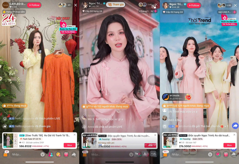 Mùa Tết, ngành thời trang bước vào mùa "thu hoạch" sôi động nhất trong năm, song nhìn chung, ngành còn đối diện với nhiều thách thức với xu hướng sụt giảm doanh thu tại các cửa hàng truyền thống. Theo đó, để "có đất sống" nhiều cửa hàng đã phải chuyển đổi song hành cả kênh truyền thống và trên sàn số. Đơn cử, theo dữ liệu cung cấp từ TikTok Shop cho thấy, nhiều nhà bán đã ghi nhận nhu cầu tìm mua sắm quần áo tăng mạnh trên nền tảng dịp Tết cho thấy sự thay đổi trong hành vi mua sắm và khả năng thích ứng của ngành thời trang trên môi trường số. Ảnh: Mai Linh