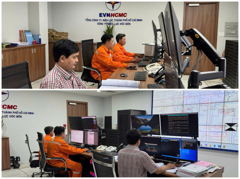 Các kỹ sự Công ty Điện lực Hóc Môn (thuộc EVNHCMC) trực vận hành hệ thống điện tối ngày 16/2/2026. Ảnh: PC Hóc Môn