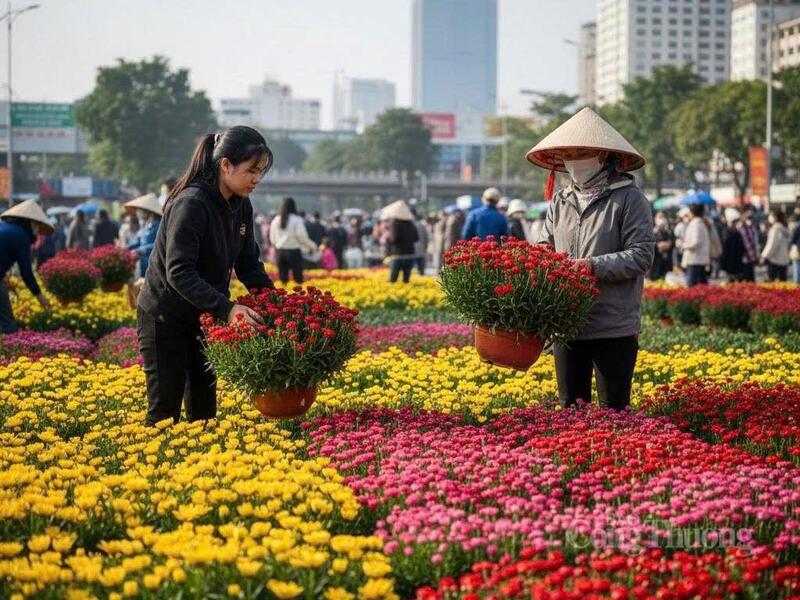 Sắc vàng, đỏ của các loại hoa cúc, hoa vạn thọ phủ kín một góc phố. Ảnh: Minh Anh.