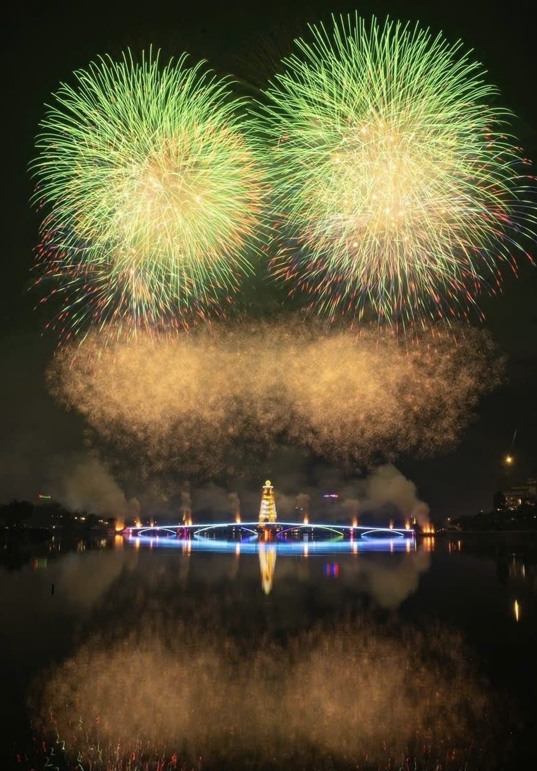 Màn bắn pháo hoa rực rỡ tại 15 điểm, trong đó có 3 điểm cấp tỉnh và 12 điểm xã, phường tại Phú Thọ. Ảnh: CTV