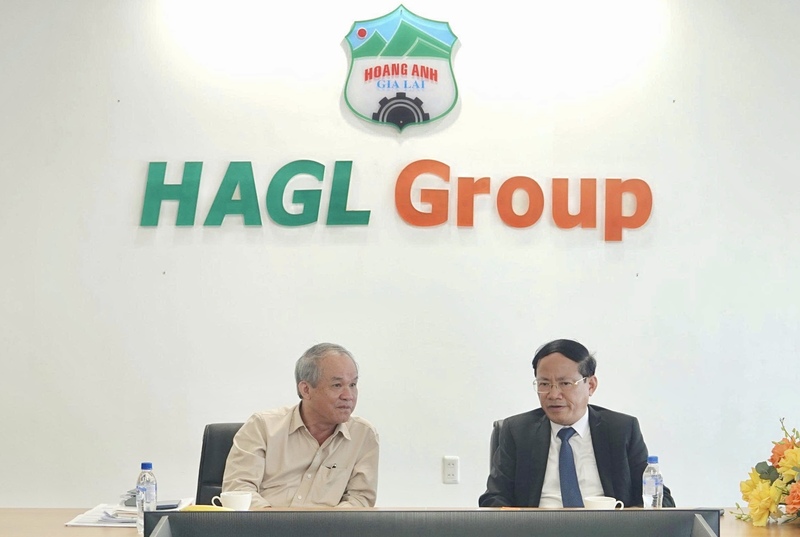 Ông Đoàn Nguyên Đức - Chủ tịch Hội đồng quản trị Tập đoàn Hoàng Anh Gia Lai (bên trái) chia sẻ thông tin với Chủ tịch UBND tỉnh Gia Lai Phạm Anh Tuấn.