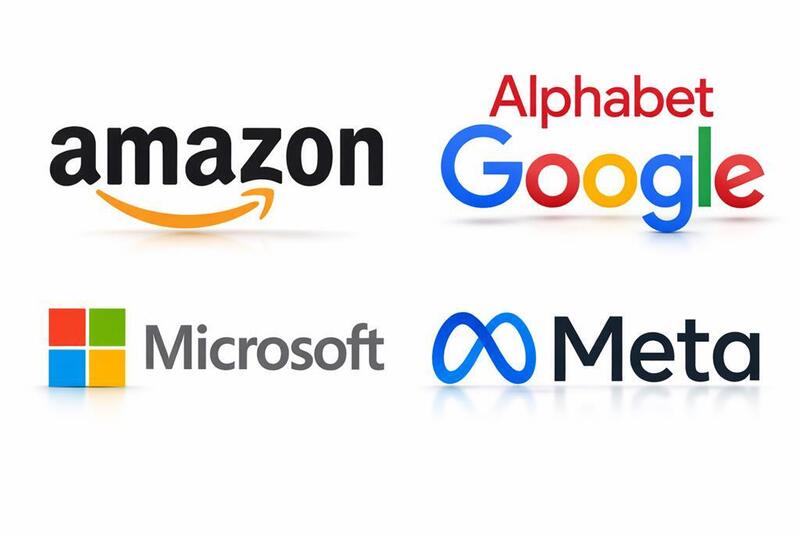 Biểu tượng 4 tập đoàn công nghệ hàng đầu của Mỹ gồm Amazon, Alphabet (Google), Microsoft và Meta. Ảnh minh họa