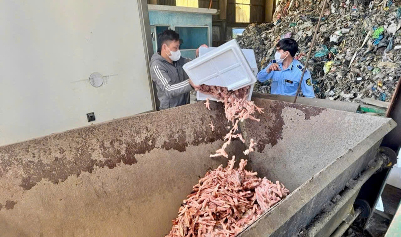 Buộc tiêu hủy các sản phẩm thực phẩm như chả cá, chả bò, mực đông lạnh, ốc giấy, chả mực, thịt heo, chân gà… Ảnh: Nguyễn Dương