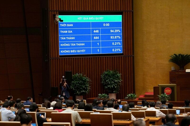 Luật Thương mại điện tử được Quốc hội thông qua với 444/446 đại biểu có mặt tán thành. Ảnh: Báo điện tử Chính phủ