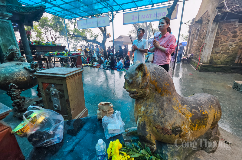 Ngoài việc dâng hương, nơi thu hút đông đảo du khách khi đến chùa Hương Tích chính là bức tượng hổ nằm giữa Điện Tam Bảo và Điện Tam Thế.