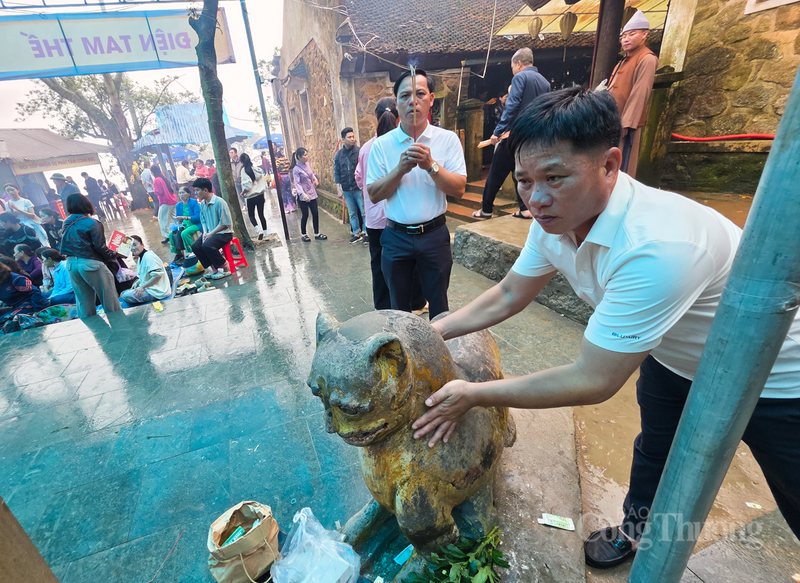 Do mỗi ngày có hàng nghìn người sờ tượng hổ cầu may nên lớp sơn màu vàng bên ngoài đã chuyển sang màu đen. Nhiều vị trí bị bong lớp xi măng bên ngoài.
