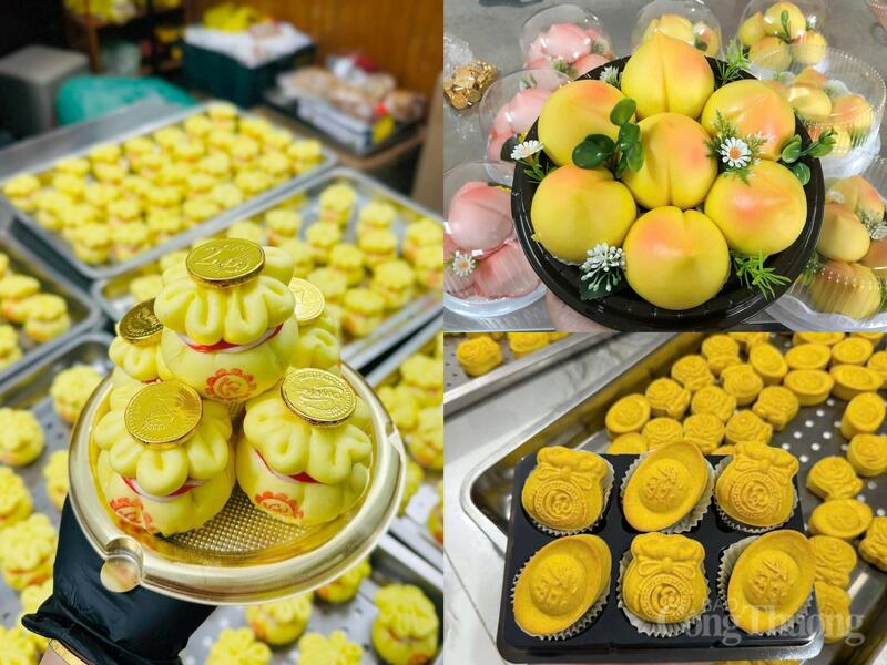 Năm nay, bên cạnh sự sôi động của thị trường vàng, những sản phẩm phục vụ ngày vía Thần Tài tiếp tục chứng kiến sự bùng nổ của các mẫu bánh hình hũ vàng, thỏi vàng và bánh bao túi tiền. Ảnh: Phương Trang