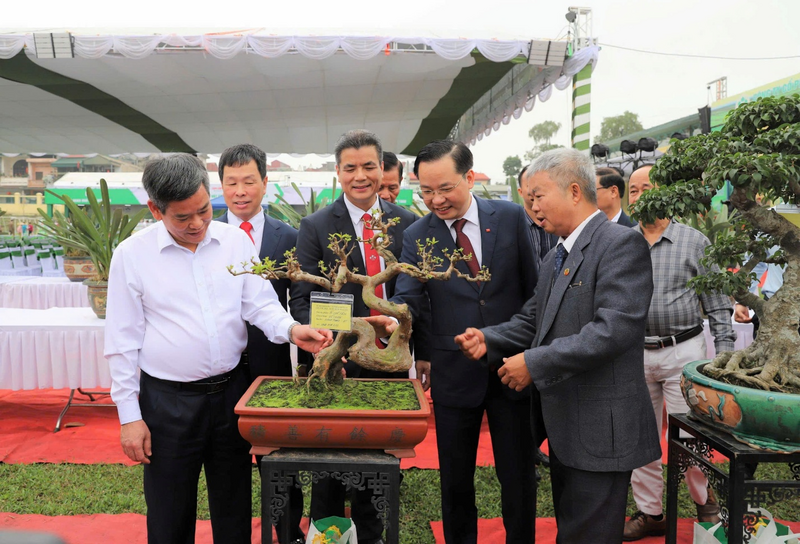 Ông Đào Xuân Minh, Phó Chủ tịch Hội Làm vườn và sinh vật cảnh Phú Thọ giới thiệu về một số tác phẩm cây cảnh nghệ thuật cùng lãnh đạo Tập đoàn Hoá chất Việt Nam, lãnh đạo Supe Lâm Thao và các đại biểu.