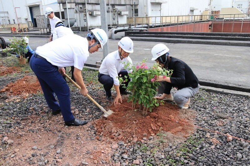 Cán bộ, công nhân viên Công ty Nhiệt điện Mông Dương tham gia trồng cây xanh. Ảnh: LA