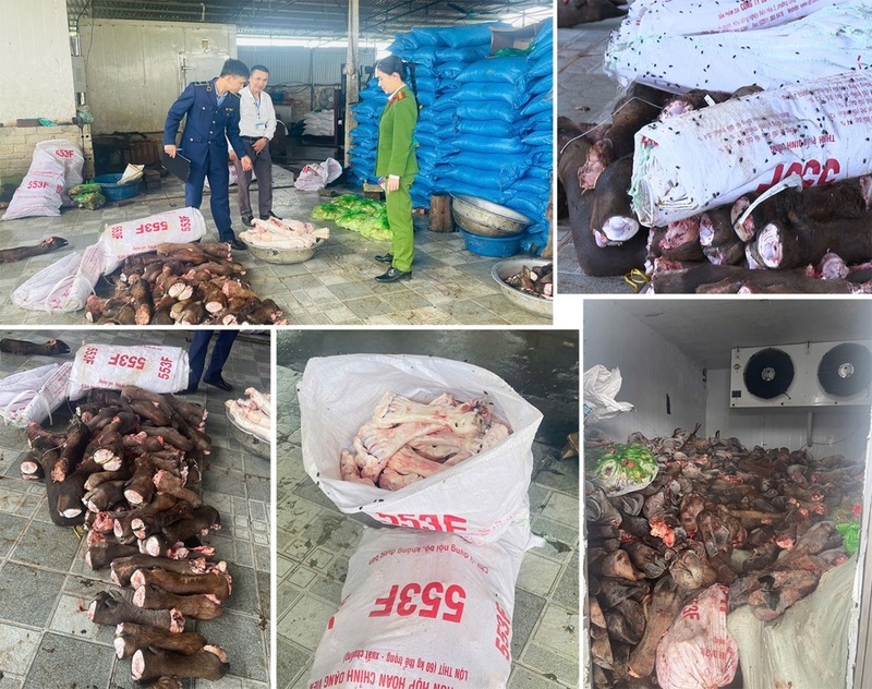 Lực lượng chức năng kiểm tra số thực phẩm không rõ nguồn gốc. Ảnh: Công an Thanh Hóa