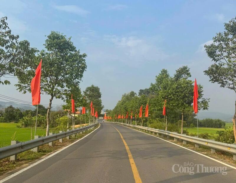 Cờ Tổ quốc treo khắp các con đường xã Cát Tiên chuẩn bị cho ngày hội non sông. Ảnh: Minh An