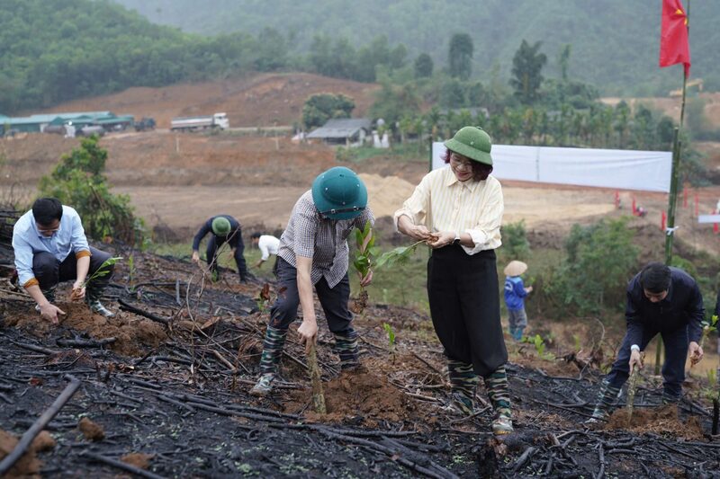 Đại diện Đoàn Thanh niên Bộ Công Thương (áo vàng) cùng đoàn viên doanh nghiệp hưởng ứng hoạt động ra quân trồng cây trong Tháng Thanh niên 2026.
