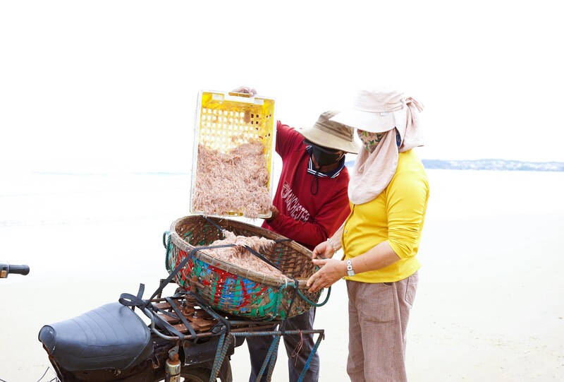 Các tiểu thương chờ sẵn trên bờ để mua ruốc tươi. Ảnh: Nguyễn Dương