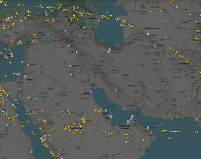 Ảnh chụp không phận thương mại trên bầu trời Iran không hoạt động vào sáng 2/3. Ảnh: FlightRadar24.