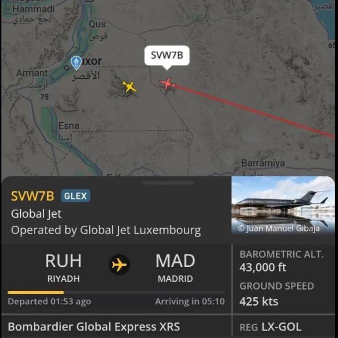 Dữ liệu từ Flightradar24 cho thấy, chuyên cơ của Ronaldo đã rời Saudi Arabia tới Tây Ban Nha.
