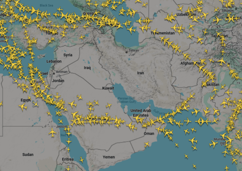 Không phận khu vực Trung Đông gián đoạn bởi chiến sự. Ảnh: Flightradar24