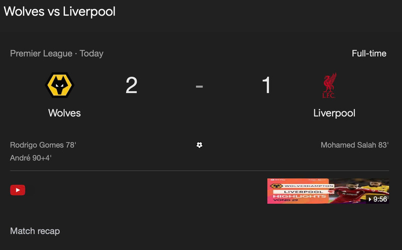 Kết quả chung cuộc giữa Liverpool và Wolves. Ảnh chụp màn hình