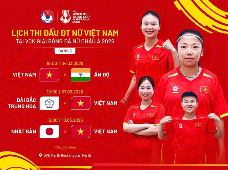 Lịch thi đấu của Đội tuyển nữ Việt Nam tại VCK bóng đá nữ Châu Á 2026. Ảnh: VFF