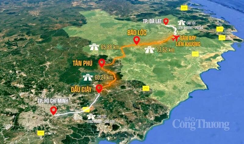 Sơ đồ hướng tuyến cao tốc Tân Phú - Bảo Lộc trong hệ thống  cao tốc nối từ TP. Hồ Chí Minh đến Đà Lạt. Ảnh: Ban Quản lý dự án