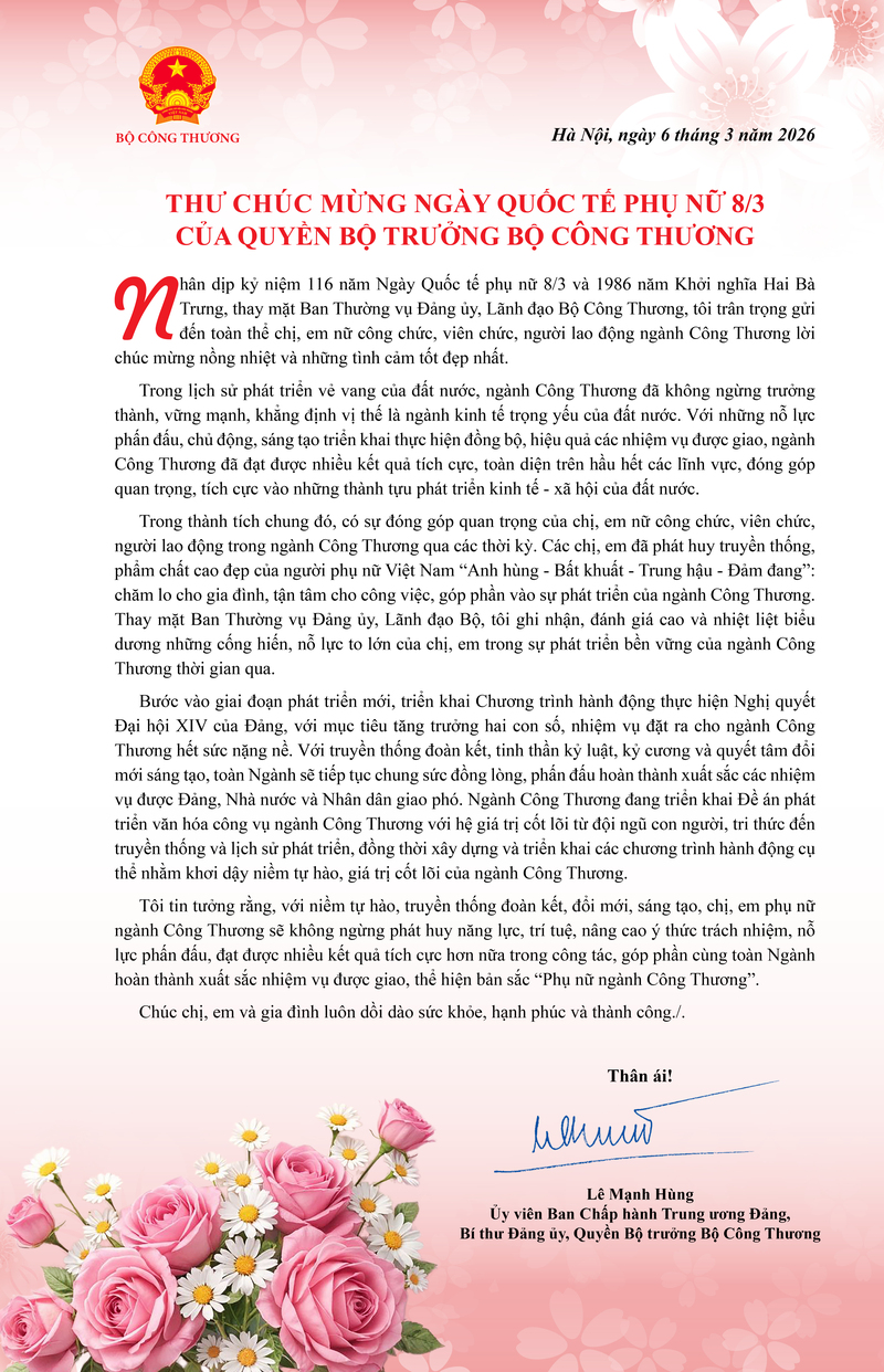 Quyền Bộ trưởng Lê Mạnh Hùng gửi thư chúc mừng nữ lao động ngành Công Thương - 1