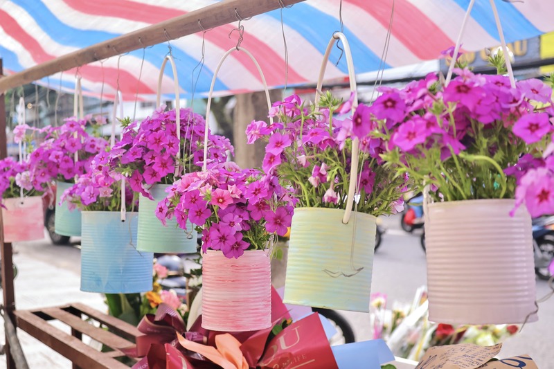 Những chiếc lon nhỏ được Lan Anh tái chế để tạo thành một chậu hoa nhỏ xinh xắn. Ảnh: Diễm Phúc.