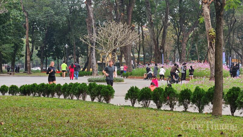 Du khách quốc tế dạo bộ, tập thể dục trải nghiệm không gian xanh tại công viên Thống Nhất - Điểm đến thư giãn, gần gũi thiên nhiên.