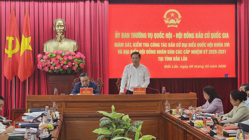 Bí thư Tỉnh ủy, Trưởng ban Chỉ đạo Bầu cử tỉnh Đắk Lắk Lương Nguyễn Minh Triết phát biểu tại buổi làm việc. Ảnh: Thu Hường