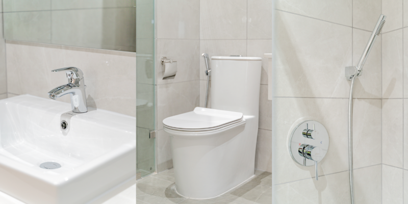 Khu vực phòng tắm được trang bị các thiết bị tiêu chuẩn, kết hợp với bàn lavabo đá granite và vách kính ngăn cách khu khô ướt rõ rệt. Sàn nhà sử dụng vật liệu chống trượt nhằm đảm bảo an toàn trong quá trình sử dụng.