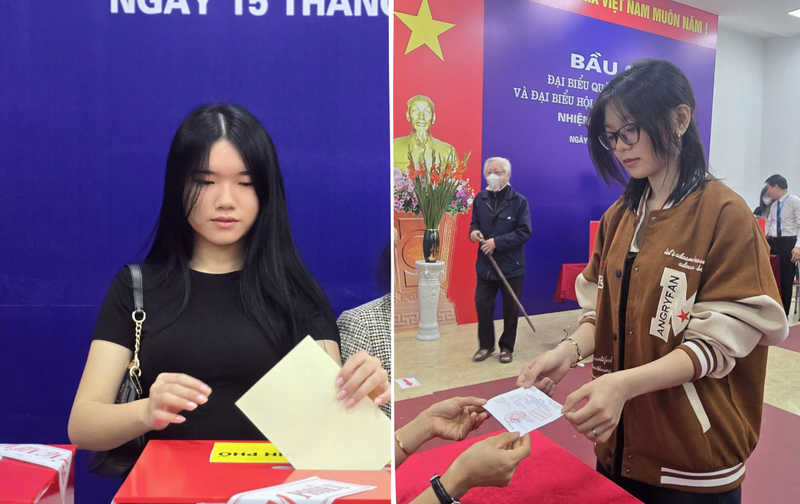 Cử tri Lê Phương Hà Linh - sinh viên Học viện Thanh thiếu niên Việt Nam (trái) và Phạm Thục Hạnh - Trường Cao đẳng Y tế Hà Đông (phải) lần đầu tiên tham gia bầu cử.