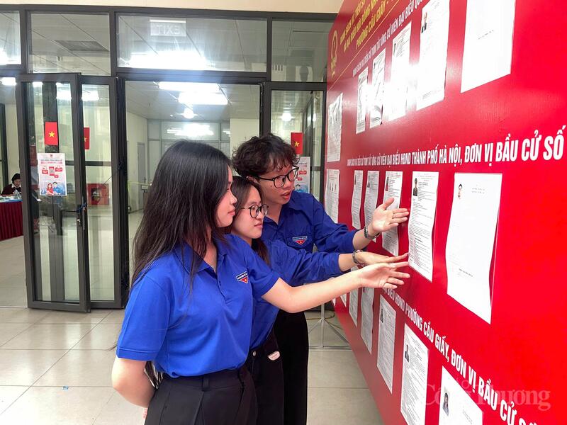 Sinh viên Trịnh Trà Giang, Đinh Thị Thanh Vân, Hoàng Công Thành tìm hiểu về các ứng cử viên.