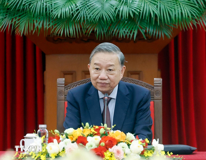 Tổng Bí thư Tô Lâm phát biểu tại buổi tiếp Bộ trưởng các Bộ Ngoại giao, Quốc phòng và Công an Trung Quốc. Ảnh: Thống Nhất/TTXVN