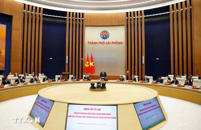 Tổng Bí thư Tô Lâm chủ trì cuộc làm việc với Ban Chấp hành Đảng bộ Thành phố Hải Phòng. Ảnh: Thống Nhất/TTXVN