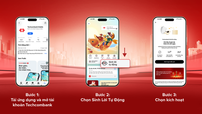 Người dùng có thể dễ dàng kích hoạt Techcombank Sinh Lời Tự Động chỉ với 3 bước