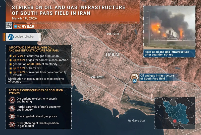 Các cơ sở hạ tầng dầu khí gần mỏ Nam Pars của Iran đã bị Israel tấn công. Các trung tâm xử lý và phân phối khí đốt quan trọng, cũng như một số nhà máy lọc dầu, đã bị hư hại. Ảnh: Rybar