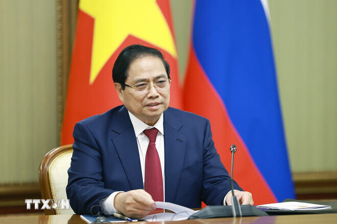 Thủ tướng Phạm Minh Chính phát biểu tại cuộc hội đàm với Thủ tướng Liên bang Nga Mikhail Mishustin (Ảnh: Dương Giang/TTXVN).