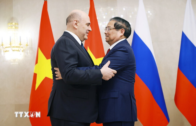 Thủ tướng Phạm Minh Chính hội đàm với Thủ tướng Liên bang Nga Mikhail Mishustin (Ảnh: Dương Giang/TTXVN).