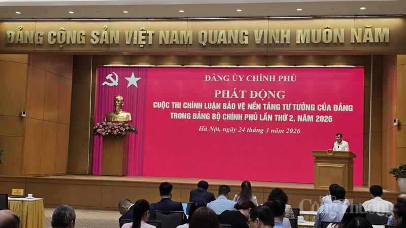 Toàn cảnh lễ phát động Cuộc thi chính luận bảo vệ nền tảng tư tưởng của Đảng trong Đảng bộ Chính phủ lần thứ 2, năm 2026.