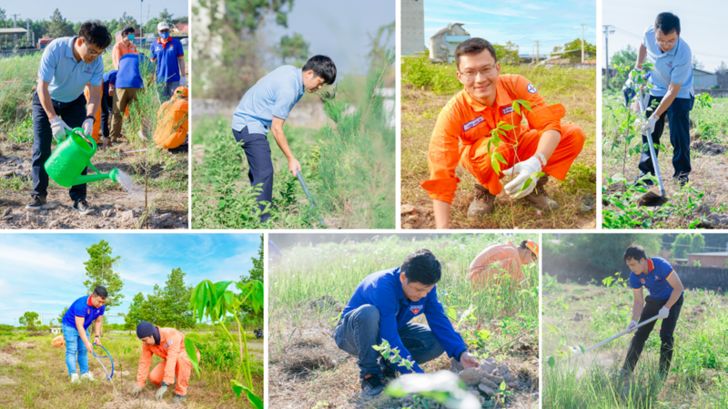 Ban Lãnh đạo Công ty Nhiệt điện Phú Mỹ, Đoàn viên thanh niên EVNGENCO3, LCĐ Phú Mỹ, EPS tham gia trồng cây.
