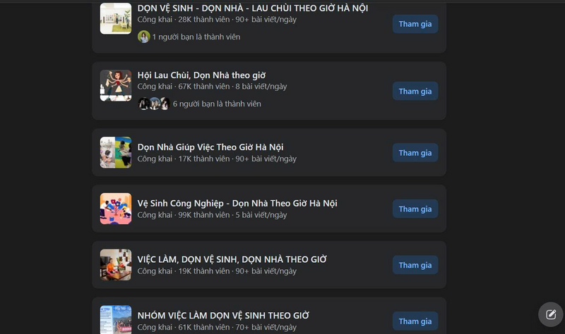 Nhiều hội nhóm lên đến 100.000 thành viên quan tâm đến dịch vụ dọn dẹp theo giờ. Ảnh chụp màn hình