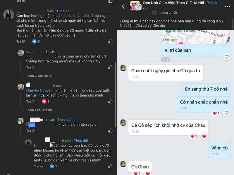 Trên hội nhóm dịch vụ dọn dẹp tự phát, nhiều khách hàng cũng khiếu nại vì gặp phải người thiếu trách nhiệm và thậm chí còn bị đe dọa ngược. Ảnh chụp màn hình