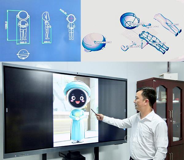 Những hình ảnh phác thảo trên máy tính về robot bán hình người ứng dụng AI "nói tiếng dân tộc" đặc biệt, có chức năng, “bản địa hoá” bằng cách mặc trang phục đặc trưng của từng vùng miền. Ảnh: Ngô Nhung