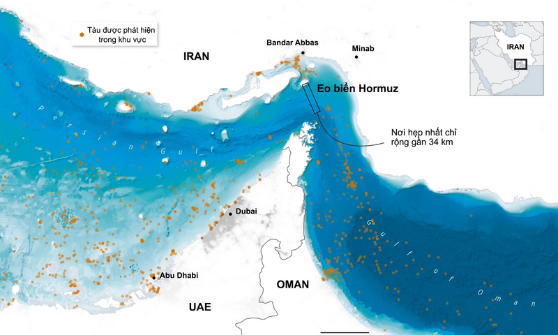 Vị trí eo biển Hormuz. Ảnh: WSJ