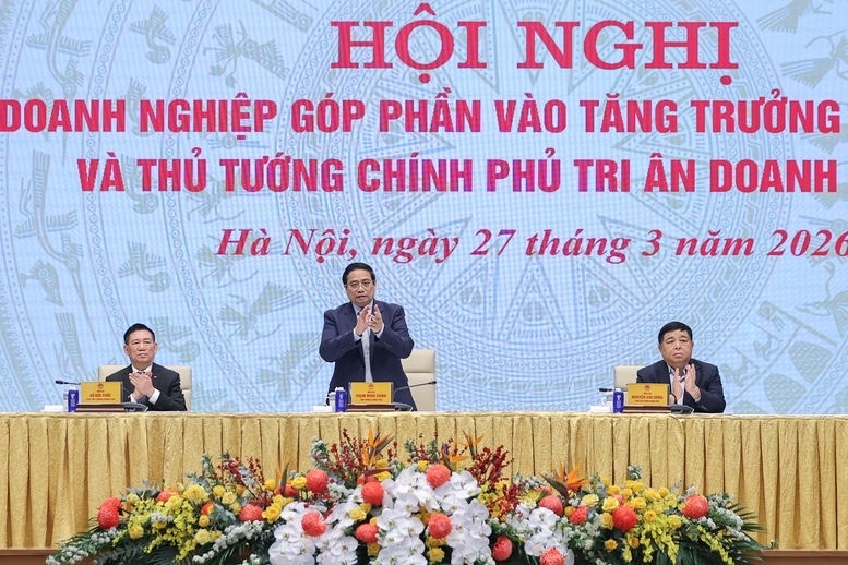 Thủ tướng Phạm Minh Chính dự hội nghị "Doanh nghiệp góp phần vào tăng trưởng hai con số và Thủ tướng phủ tri ân doanh nghiệp". Ảnh VGP/Nhật Bắc